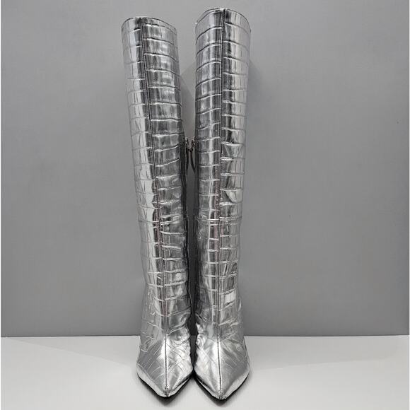 Black Suede Studio Tory Knee High Boot EU 38 Metallic Silver Croc Embossed Heel - Picture 9 of 16
